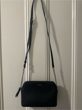 DKNY Black Leather Crossbody with Silver Chain Trim